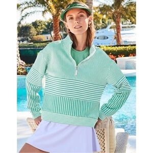 Addison Bay JV Quarter Zip Stripe Pullover Top Large White Green Sporty Preppy